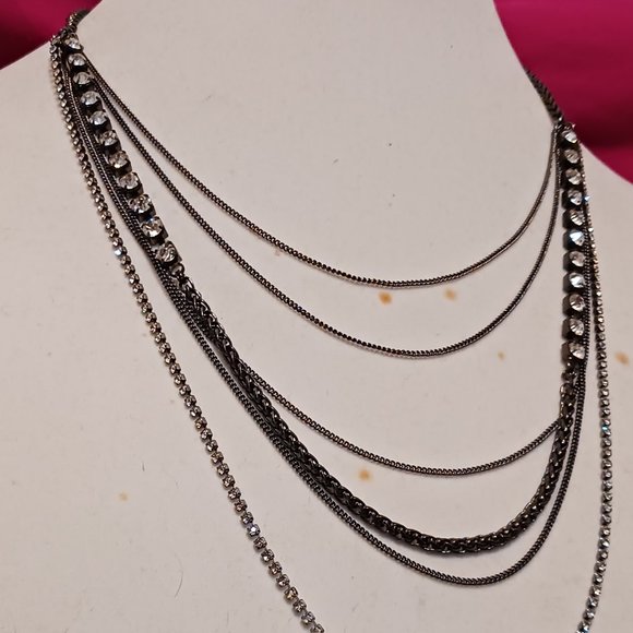 Hand Crafted Gun Metal Chain and Rhinestone Multi Layer Necklace - Picture 4 of 11